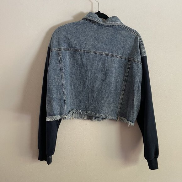 Mod Ref Women M Renee Boxy Cropped With Sweatshirt Sleeves Denim Jean Jacket - Picture 12 of 12